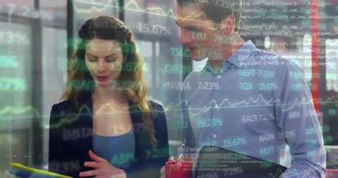 Professionals Discussing Financial Data with Digital Overlay