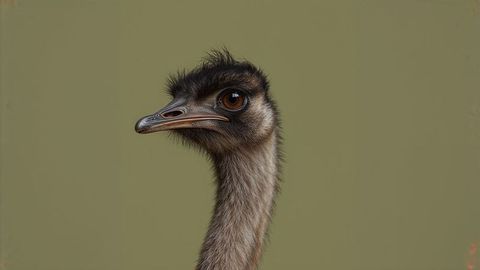 Close-up of Emu Head with Textured Feathers Against Olive Green Background