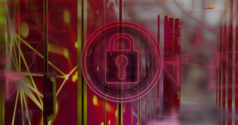 Futuristic Cybersecurity Symbol in Data Center Environment