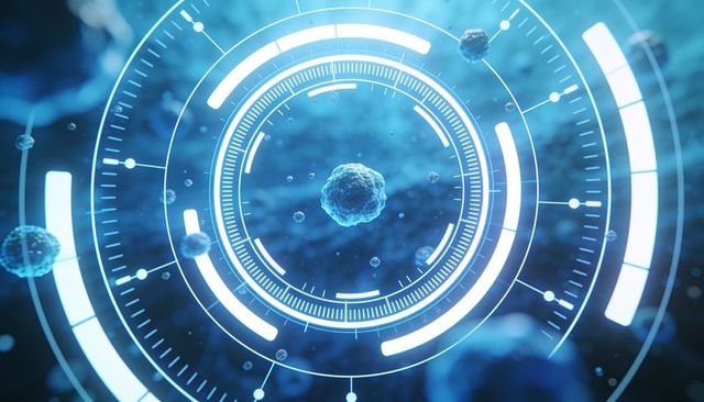 Futuristic hud targeting single cell with digital rings, nanoparticles and bioinformatics