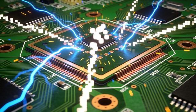 High-energy microchip discharging electric arcs across green pcb with gold pads and sparks