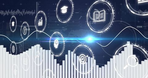 Futuristic digital finance data interface with icons and bar graphs