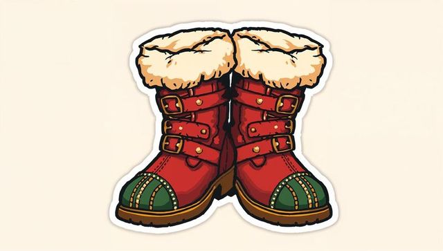 Red fur-lined winter boots with buckles and green toe caps sticker-style die-cut vector