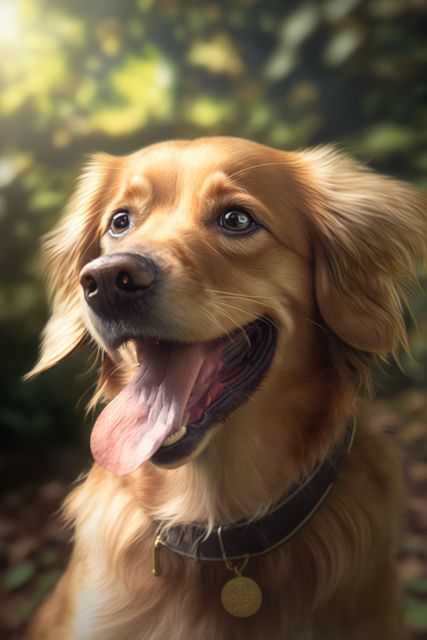 Golden retriever enjoys a moment in the sun, tongue out in joyful expression. Ideal for pet-related promotions, veterinary services, outdoor and nature themes, and ads focusing on happiness and companionship.