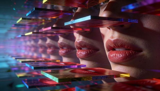 Glossy red lips repeating through translucent glass panels, neon reflections, futuristic