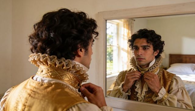 Young man adjusting ornate gold doublet and pleated ruff in sunlit bedroom mirror