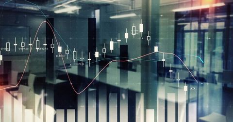 Dynamic Financial Chart Overlay on Modern Office Interior