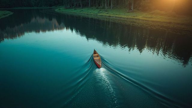 Solitary Red Canoe on Serene Lake at Sunrise, Reflective Wilderness