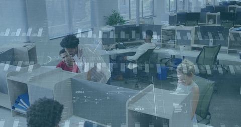 Team Collaborating in Open Office with Digital Overlay