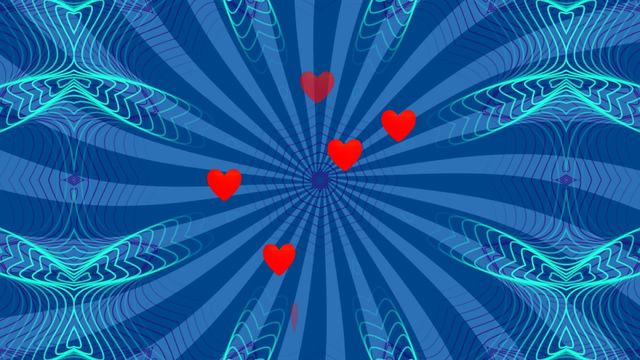 Digital artwork depicts red hearts floating against a blue background with an optical illusion effect. Ideal for use in digital communication materials, Valentine's Day designs, romantic-themed content, or as a background in creative projects. Suitable for websites, social media graphics, and digital presentations seeking to incorporate lively and engaging visuals.