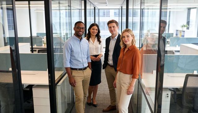 Standing diverse team collaborating in modern glass office corridor, professional business