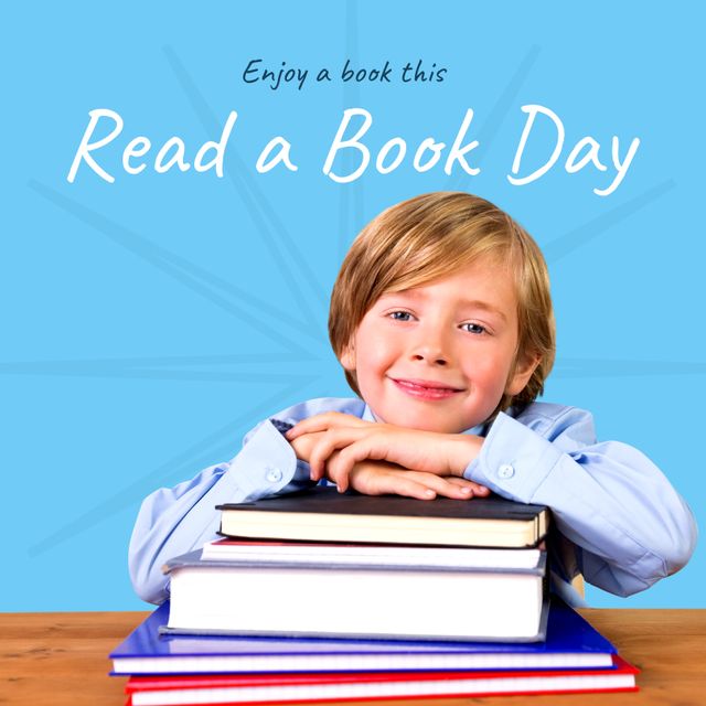 Portrait of caucasian boy with books, read a book day text on blue background, copy space. Digital composite, encourage reading, raise awareness, lower stress, improving concentration and memory.