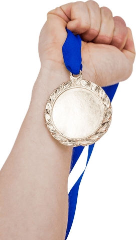 Hand Gripping Shiny Gold Medal with Blue Ribbon on Transparent Background