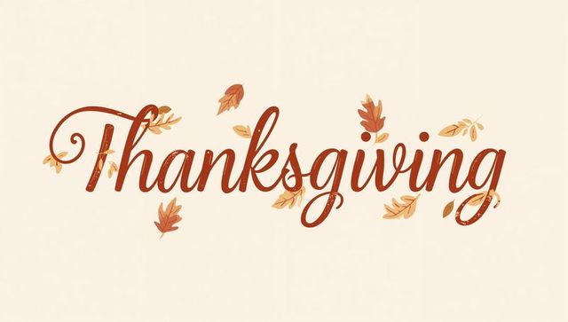 Elegant Hand-Lettered Thanksgiving Script with Falling Autumn Leaves on Cream Backdrop