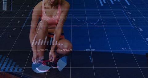 Kneeling athlete tying running shoes with digital fitness data overlay and grid