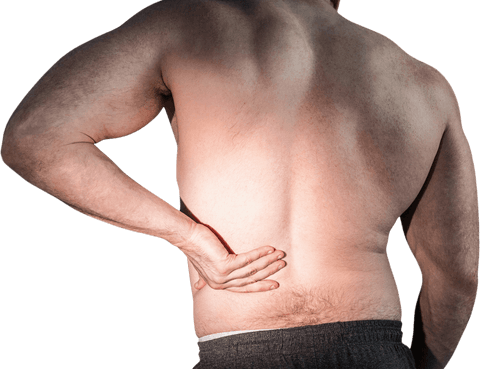 image shows muscular man experiencing back pain against transparent background. ideal for health and fitness articles, chiropractic services, injury prevention tips, exercise caution, and promotional materials related to rehabilitation and physical therapy.