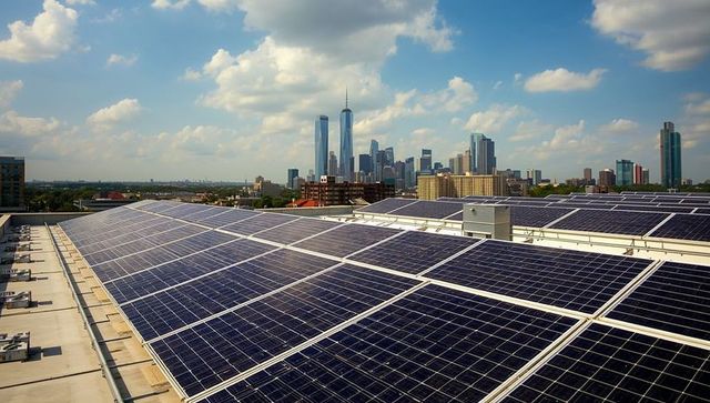 Rooftop solar array powering New York City skyline with One World Trade Center backdrop