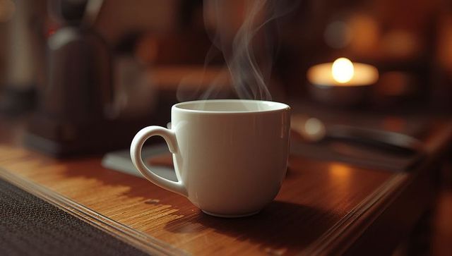Cozy White Mug in Tranquil Sunlit Kitchen with Steam