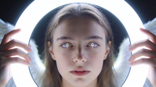 Holding illuminated ring light halo, young woman gazing with glowing eyes and feathered wings