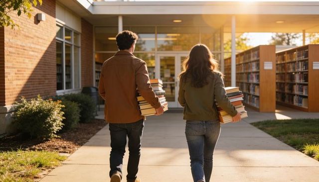 Students carrying stacks of books walking toward library entrance at golden hour