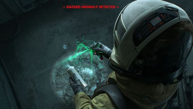 Spacesuit technician spraying green scanning beam on crystal patch inside spacecraft hull
