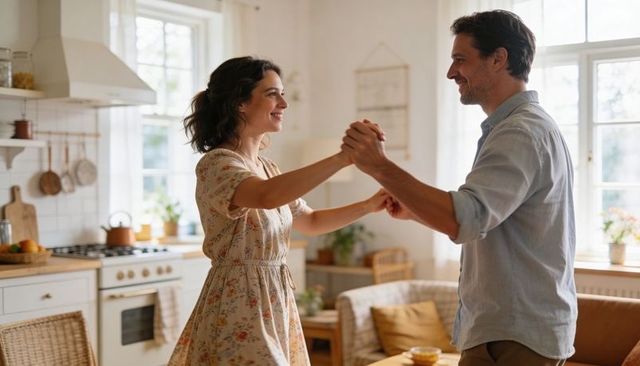 Couple dancing in sunlit kitchen sharing romantic moment wearing floral dress and light-blue shirt
