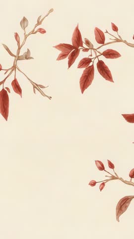 Displaying red leaf branches and buds on beige wallpaper for floral textile design