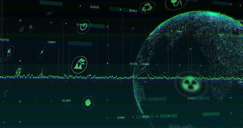 Neon Data Globe with Streaming Waveform and Floating Eco Icons for Futuristic Dashboard