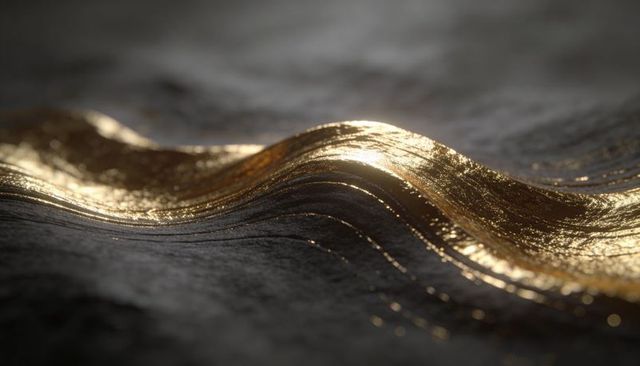 Golden ribbon flowing across dark textured surface with shimmering specular highlights
