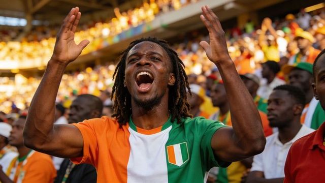 Passionate stadium fan cheering and raising arms in tricolor football jersey with crest