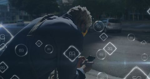 Man with Mask Using Smartphone amidst 5G and 6G Symbols