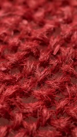 Vertical macro video pulling focus across crimson yarn knots, revealing textured knit