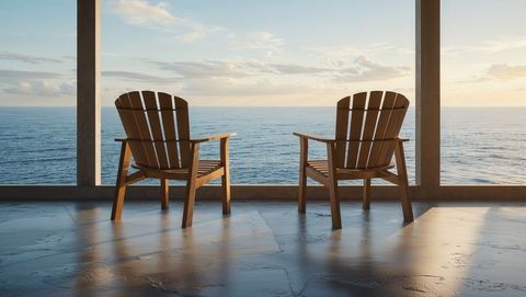 Two adirondack chairs overlooking tranquil sea on veranda