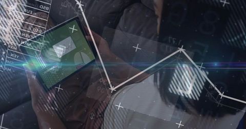 Businesswoman Analyzing Financial Data on Tablet with Digital Overlays