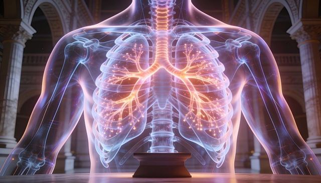 Holographic transparent torso showing glowing bronchial network in grand marble hall