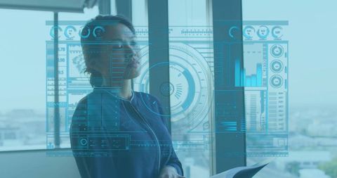 Asian Businesswoman Interacting with Futuristic HUD in Office