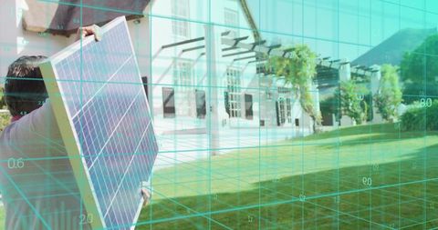 Carrying Solar Panel Across Lawn with AR Grid Overlay for Residential Solar Planning