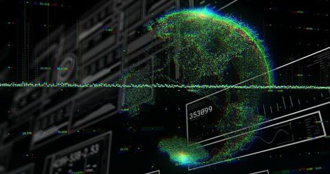 Rotating Neon Particle Globe with Cyber HUD Data Visualization and Glitch Overlay