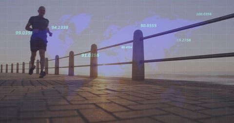Senior man jogging by seaside promenade with digital data overlay