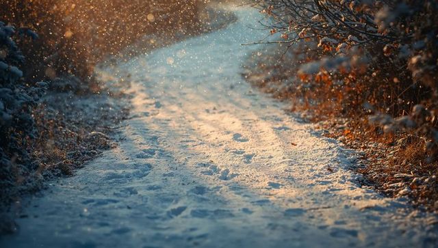 Serene Snowy Forest Path with Golden Sunrise Light