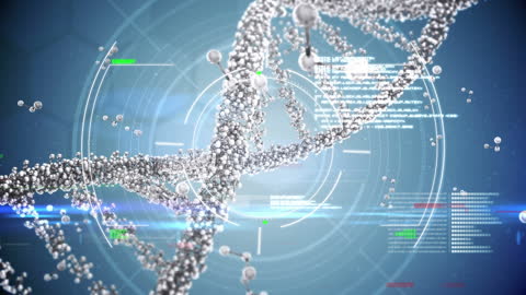 Futuristic DNA Strand with Molecular Data Visualization