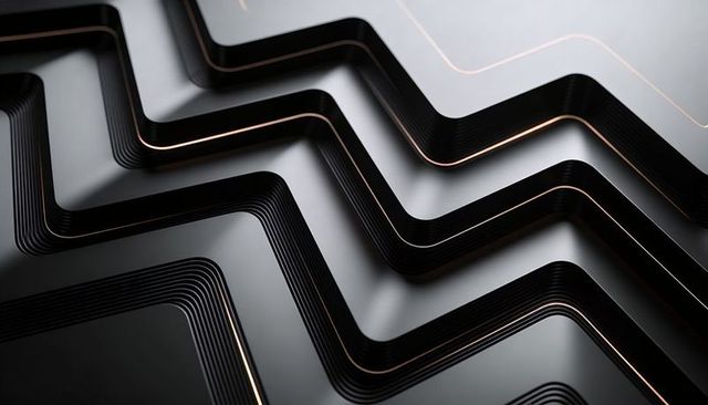 Stacked matte black zigzag panels with copper accents creating geometric depth and luxury