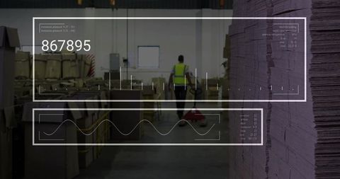 Warehouse worker walking with pallet jack hud inventory analytics for logistics management