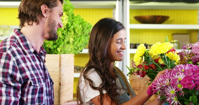 Couple Enjoying Shopping for Fresh Flowers - Download Free Stock Images Pikwizard.com