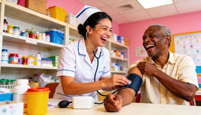 Smiling nurse measuring blood pressure of laughing senior man in community clinic