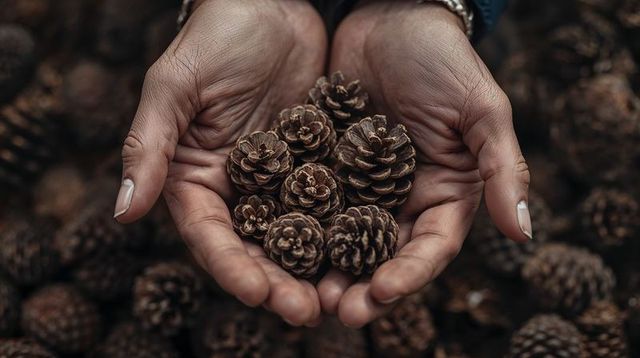 Hands Holding Small Pine Cones Over Moody Autumn Forest Floor Rustic Natural Texture Warm