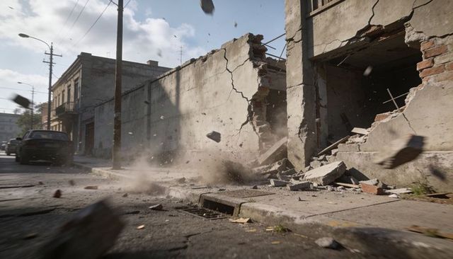 Urban building collapsing sending bricks and dust across street near storm drain