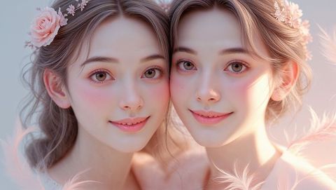 Portrait of elegant twin sisters with floral hair accessories