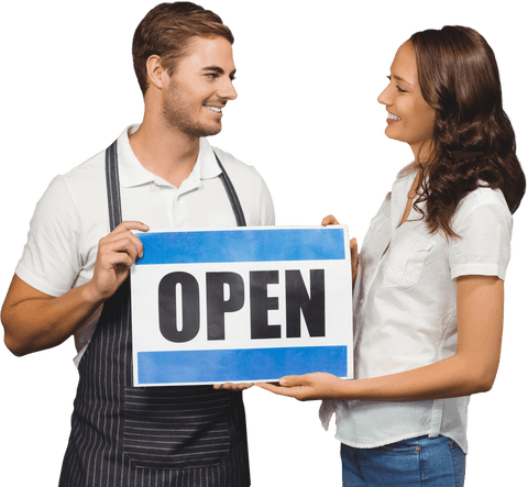 smiling business partners holding transparent open sign - Download Free Stock Videos Pikwizard.com