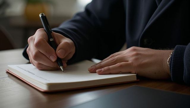 Hands Writing Journal with Pen on Wooden Desk, Close-Up of Note-Taking, Focus, Productivity